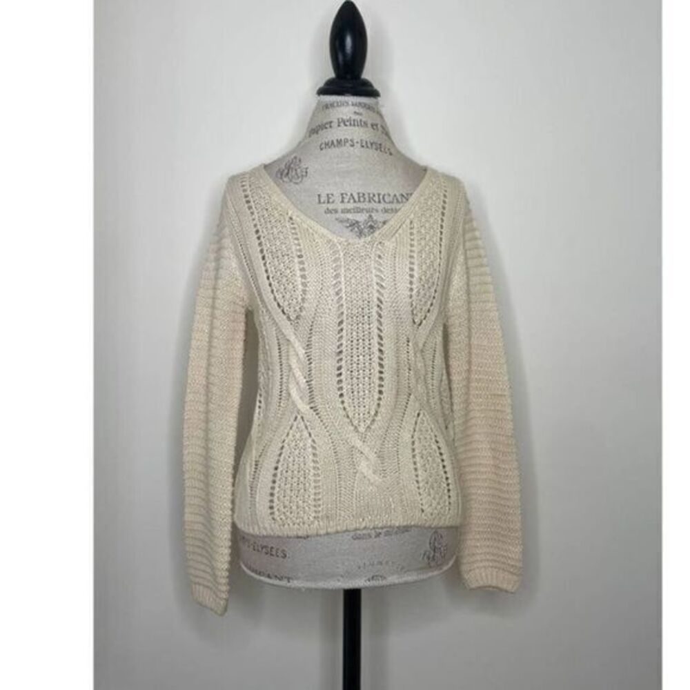 SADIE & SAGE EUC Cream Knitted Lace-Up Back Closure Pullover Sweater SMALL